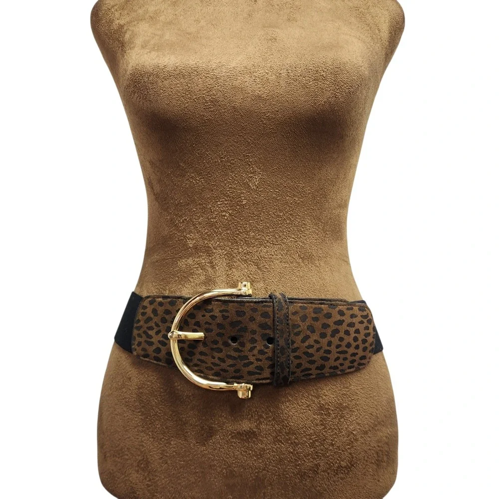 Leather Shop Vintage 90s Leopard Print Wide Elastic Waist Belt Gold Buckle M